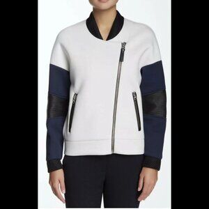 Mackage Beta Bomber Motorcycle Jacket White & Navy Fabric+Black Lambskin Leather